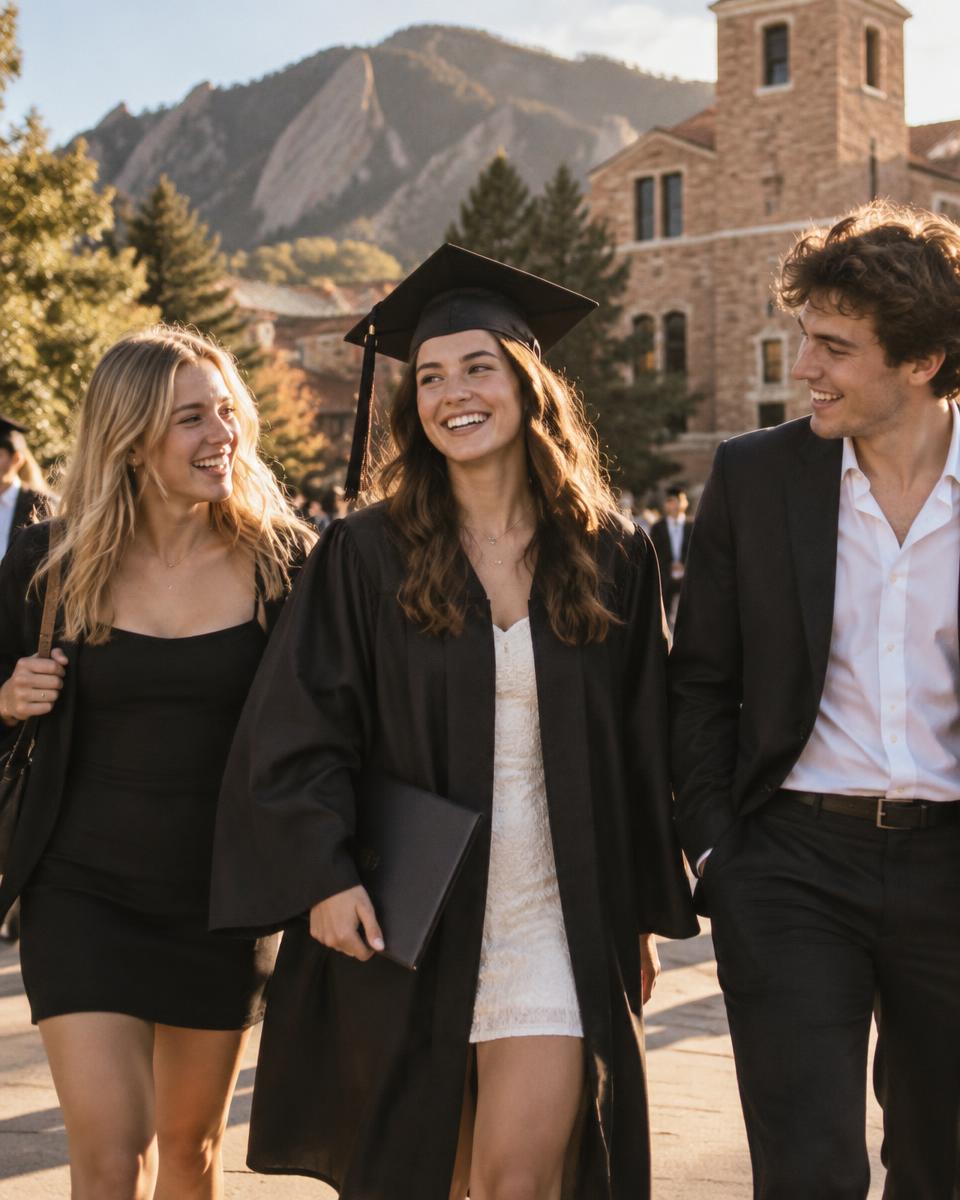 Graduate walking with friends and laughing on the CU Boulder campus